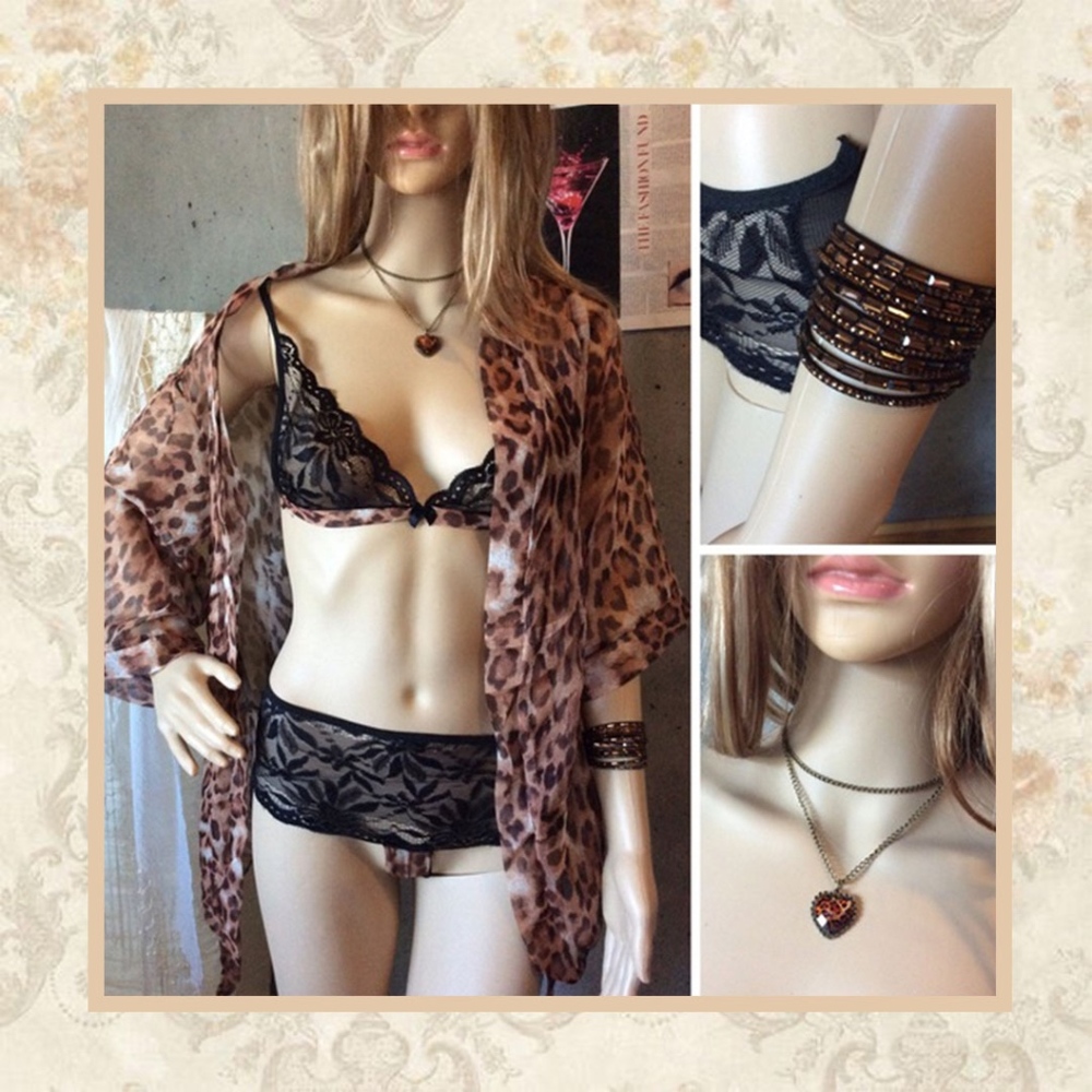 🌺4PC ANIMAL PRINT ROBE NECKLACE LEOPARD SET HEART